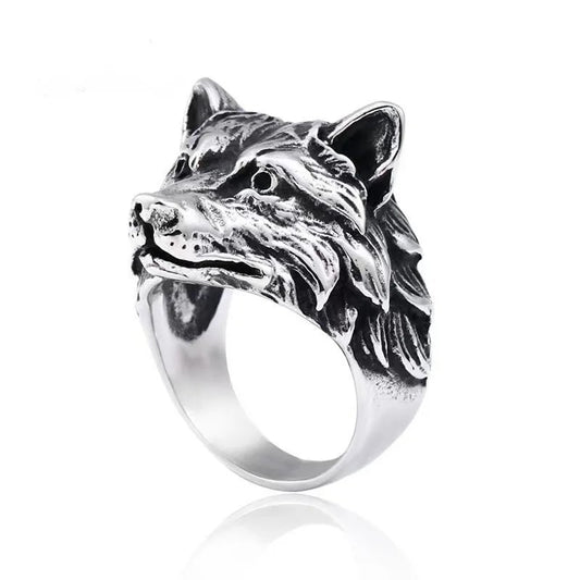 Bague en acier inoxydable avec tête de loup sculptée en relief pour homme biker
