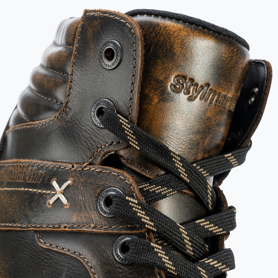 Basket-moto-stylmartin-iron-wp-bronze-cuir-vintage-unisexe-detail