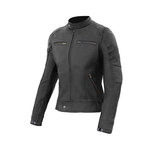 blouson moto femme en cuir noir avec protections CE épaules et coudes, coupe ajustée et doublure thermique amovible