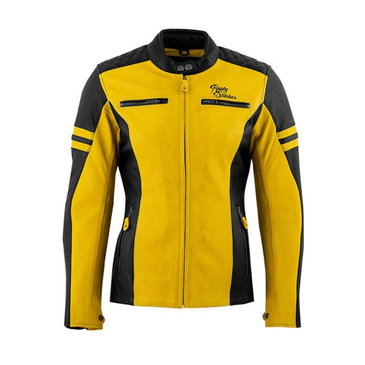 Blouson en cuir femme moto noir et jaune Rusty Stitches Joyce homologué CE
