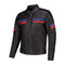 Blouson en cuir homme moto rétro racing noir bandes rouges bleues homologué CE