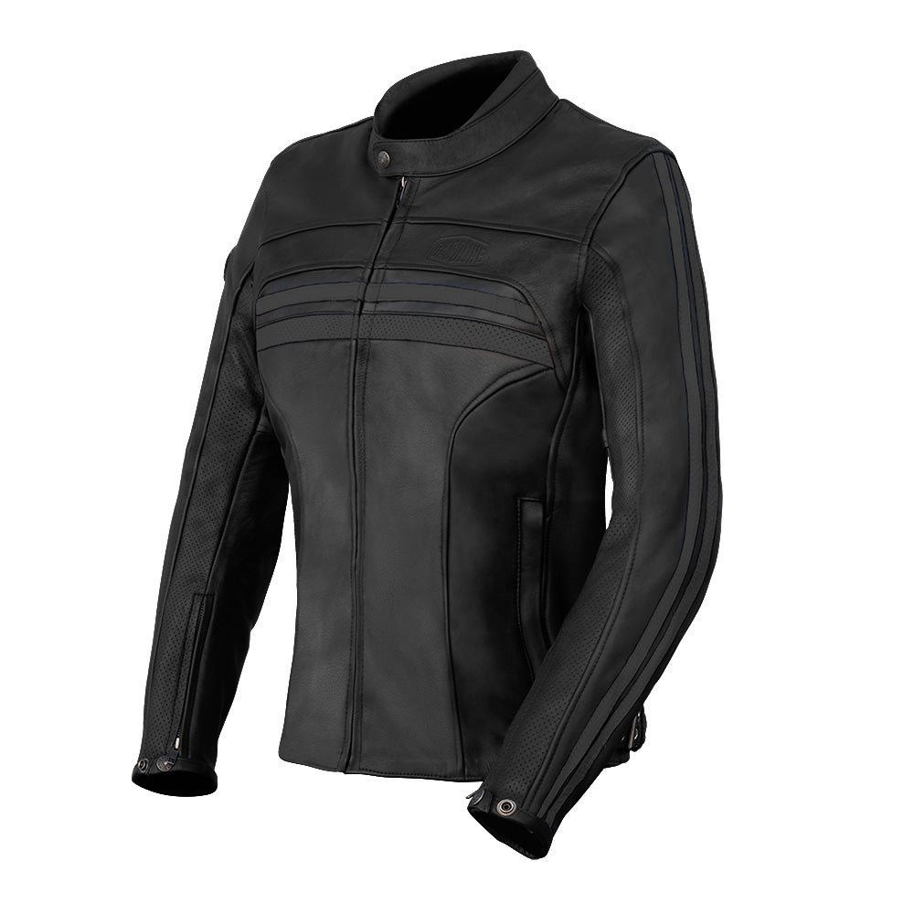 Blouson-en-cuir-mablouson moto femme en cuir noir vintage avec protections CE épaules et coudes, doublure thermique amovible et coupe féminine ajustéeoto-femme