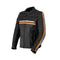 blouson moto en cuir noir pour homme avec bandes blanches et oranges, style vintage et protections CE intégrées