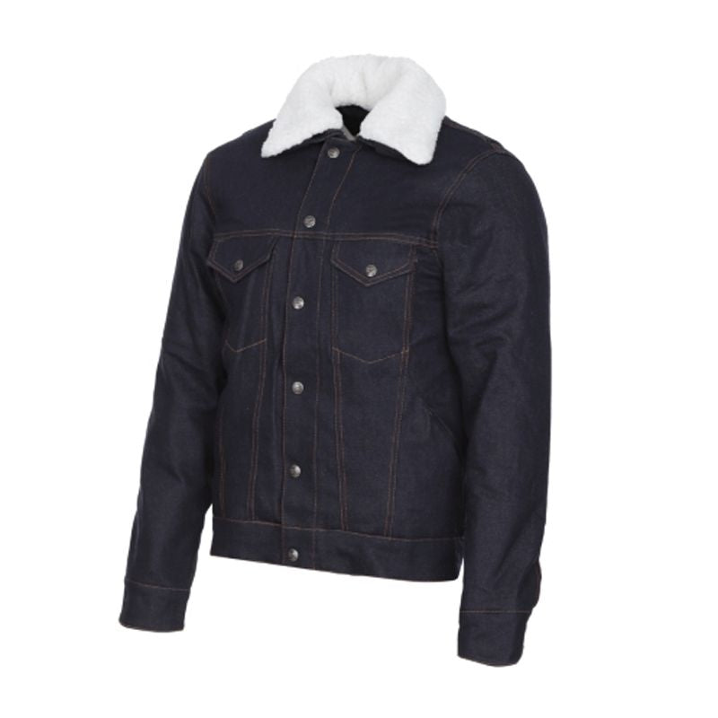 Blouson moto homme en jean denim brut avec protections CE Smoothway® épaules et coudes, doublure Esquad Protex para-aramide, inserts Kevlar, membrane imperméable et col amovible en fausse fourrure pour confort et sécurité.