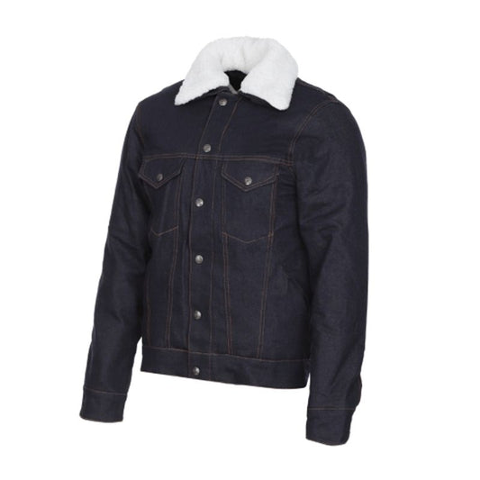 Blouson moto homme en jean denim brut avec protections CE Smoothway® épaules et coudes, doublure Esquad Protex para-aramide, inserts Kevlar, membrane imperméable et col amovible en fausse fourrure pour confort et sécurité.