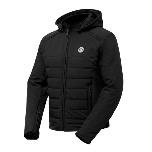 Blouson moto hiver noir pour homme Softshell, avec doublure polaire thermique, capuche amovible et protections CE épaules et coudes