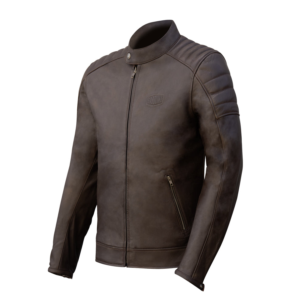 blouson moto homme en cuir marron style vintage avec protections CE épaules et coudes, coupe confortable et robuste