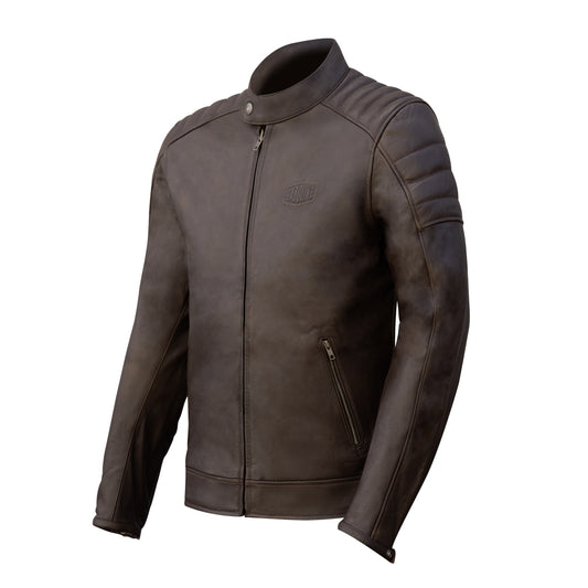 blouson moto homme en cuir marron style vintage avec protections CE épaules et coudes, coupe confortable et robuste