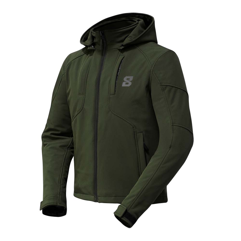 Blouson moto hiver kaki pour homme Eight Cirrus, protections CE niveau 2, capuche amovible, poches pratiques et look moderne