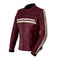 blouson moto femme en cuir bordeaux vintage avec protections CE épaules et coudes, doublure thermique amovible et coupe ajustée