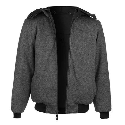 Blouson moto hiver réversible pour homme, gris et noir, avec protections CE épaules et coudes, protection dorsale mousse, double face jersey et softshell étanche, capuche amovible et doublure Esquad Protex.