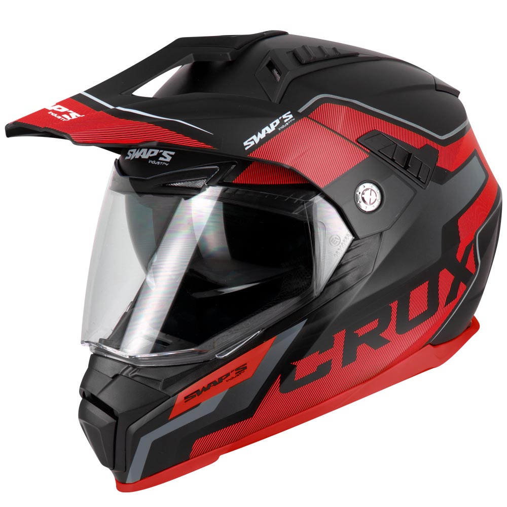 Casque cross enduro noir et rouge homologué ECE R22-06 avec visière fumée et intérieur lavable pour moto tout-terrain
