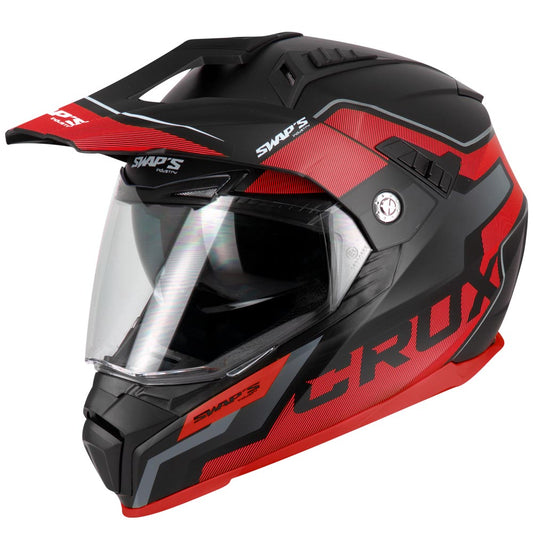 Casque cross enduro noir et rouge homologué ECE R22-06 avec visière fumée et intérieur lavable pour moto tout-terrain