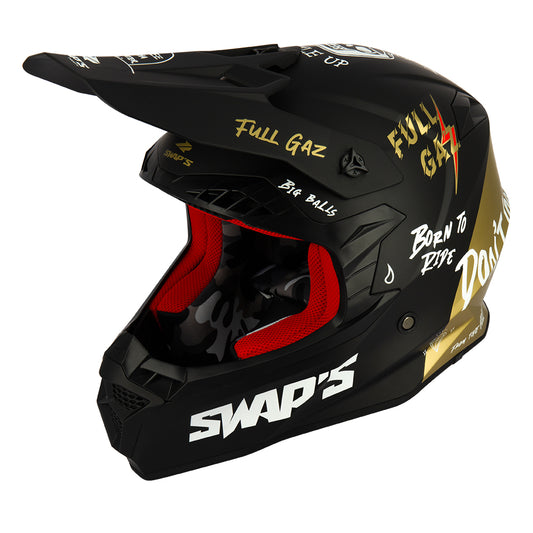 Casque moto cross homme 2Faster noir et or homologué ECE R22-06 avec boucle double D et intérieur lavable