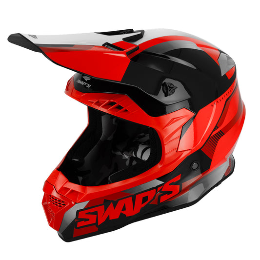 Casque de moto cross rouge et noir homologué ECE R22-06 avec boucle double D, ventilation renforcée et intérieur lavable