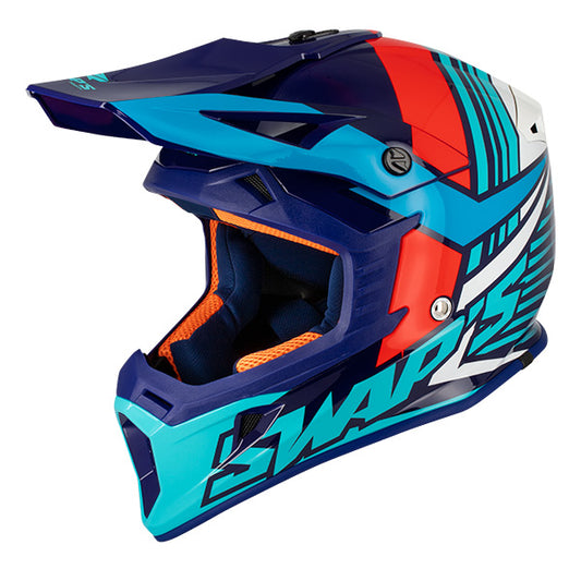 Casque de moto cross Blur Swaps bleu rouge et blanc homologué ECE R22-06 avec boucle double D et intérieur lavable