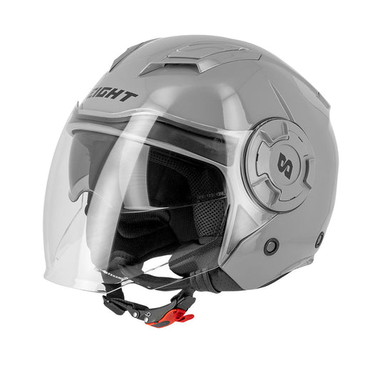 casque jet gris brillant avec visière claire et système de serrage latéral, idéal pour hommes à moto