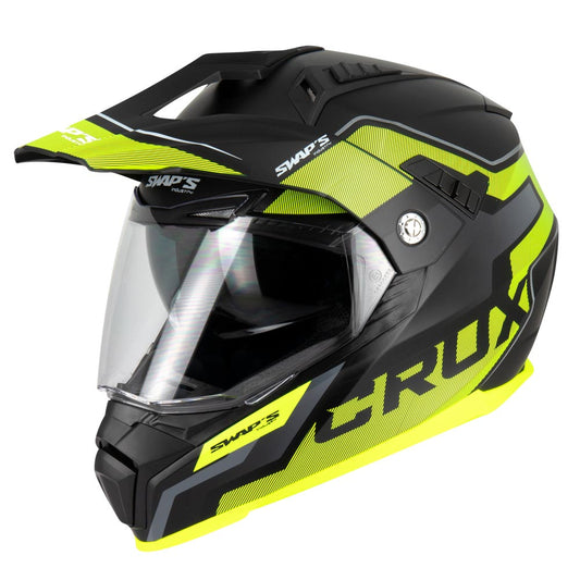 Casque enduro moto cross noir et jaune homologué ECE R22-06 avec visière fumée et intérieur lavable pour tout-terrain