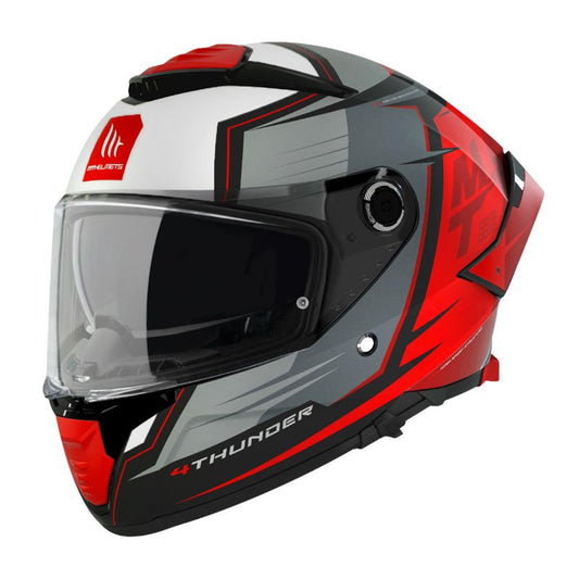 Casque moto MT Thunder 4 intégral gris et rouge, look dynamique et sportif avec déco graphique