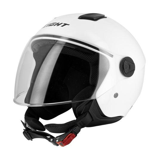 Casque jet blanc brillant moto avec visière intégrale, idéal pour conduite en ville