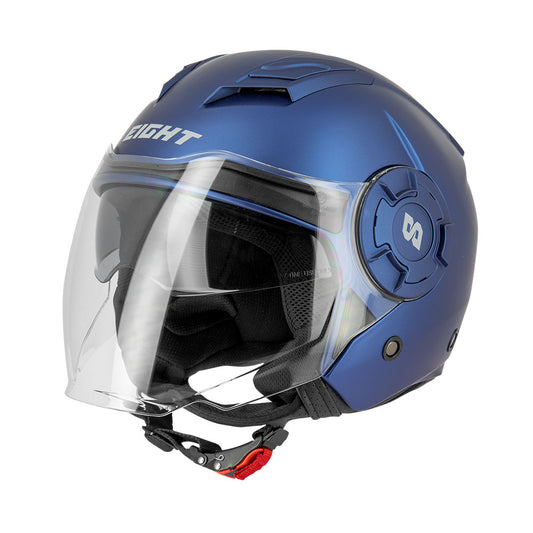casque jet bleu mat pour moto urbaine, visière claire et finitions modernes, fermeture rapide rouge