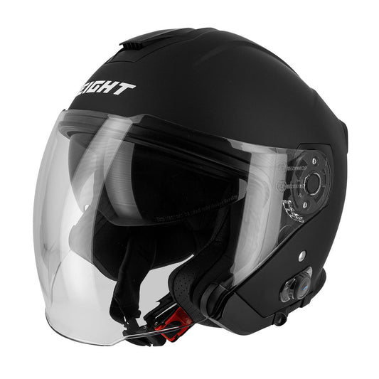 Casque jet noir mat avec écran solaire rétractable et module Bluetooth intégré pour motards connectés