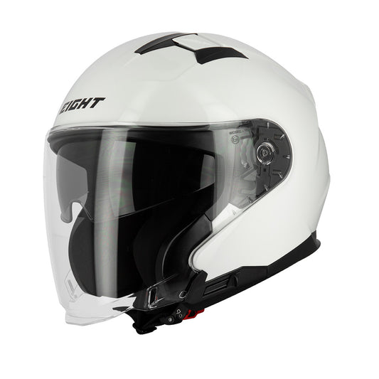 casque jet blanc brillant pour moto, visière fumée et coque aérée, idéal homme ou femme