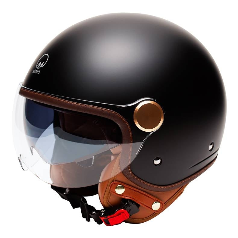 Casque jet noir mat au style vintage avec intérieur cuir et finitions bronze élégantes