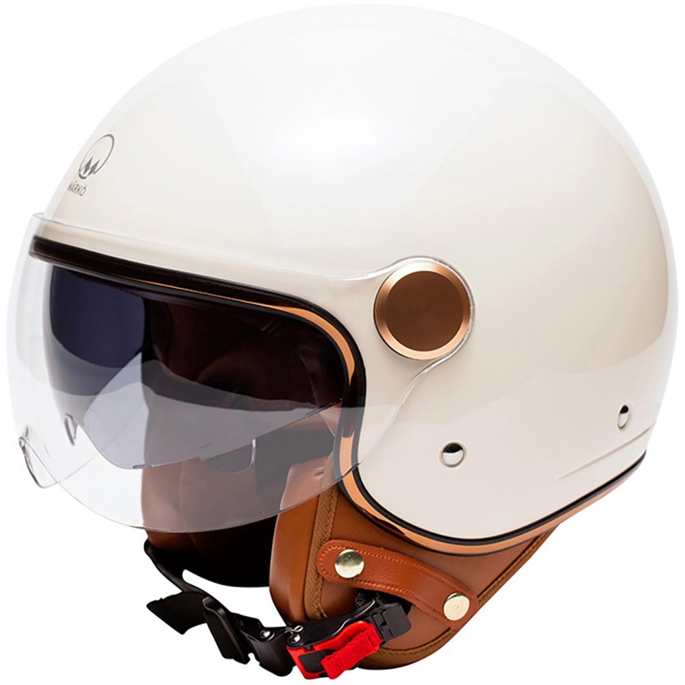 Casque jet vintage crème avec intérieur cuir marron et visière transparente pour style rétro chic