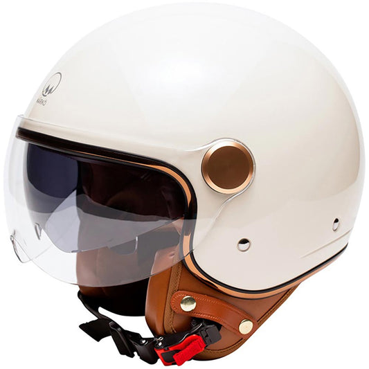 Casque jet vintage crème avec intérieur cuir marron et visière transparente pour style rétro chic