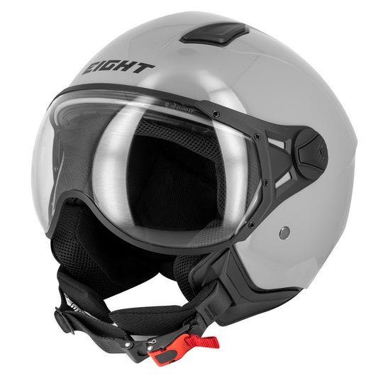 casque jet gris clair avec contours noirs pour motards, design urbain et protections confortables