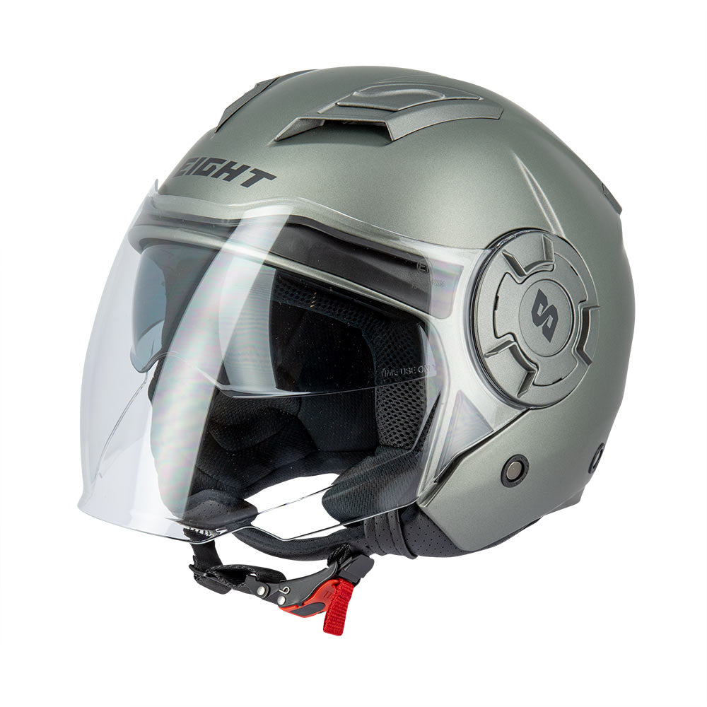 casque jet gris métal mat pour motards urbains, avec boucle micrométrique et visière protectrice