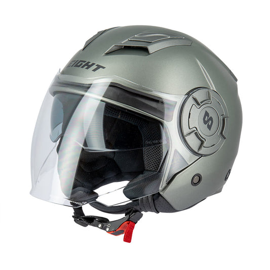 casque jet gris métal mat pour motards urbains, avec boucle micrométrique et visière protectrice