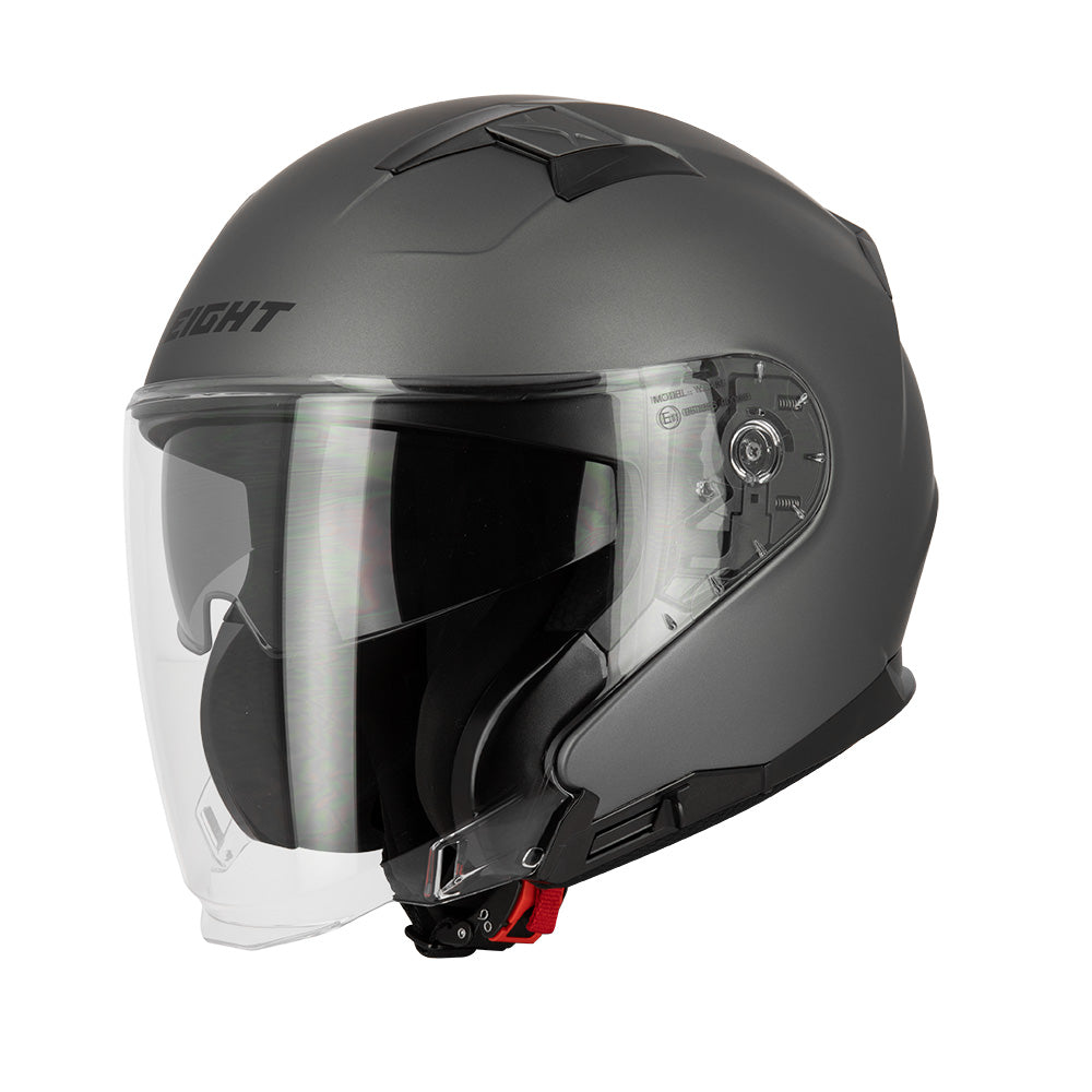 casque jet intégral gris mat avec visière longue et boucle micrométrique, modèle homologué CE
