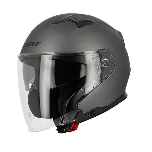 casque jet intégral gris mat avec visière longue et boucle micrométrique, modèle homologué CE