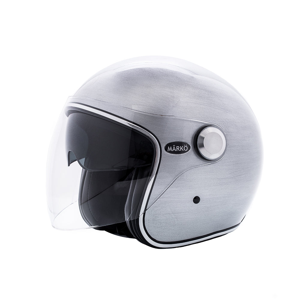 Casque jet moto Boreal finition alu brossé Marko avec double écran solaire, intérieur lavable et homologation ECE 22.06