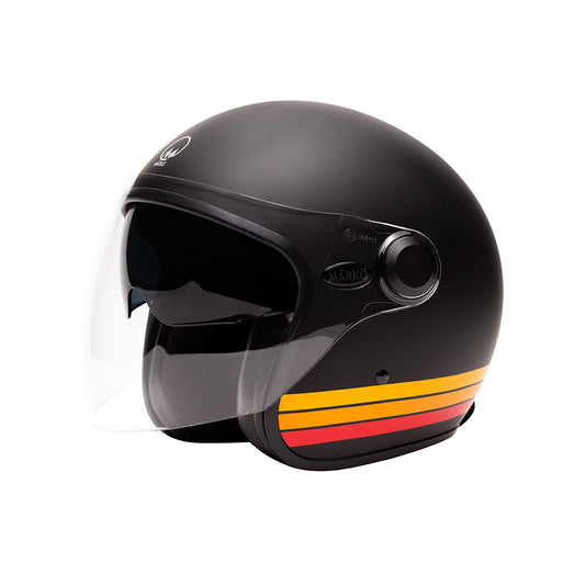 Casque jet moto Boreal noir mat Marko avec double écran et finitions orange, homologué ECE 22.06 pour homme et femme