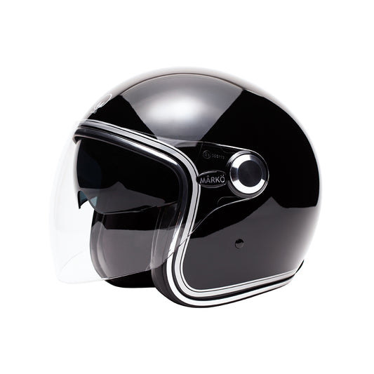 Casque jet moto Boreal noir chromé Marko avec visière longue et écran solaire intégré, homologué ECE 22.06