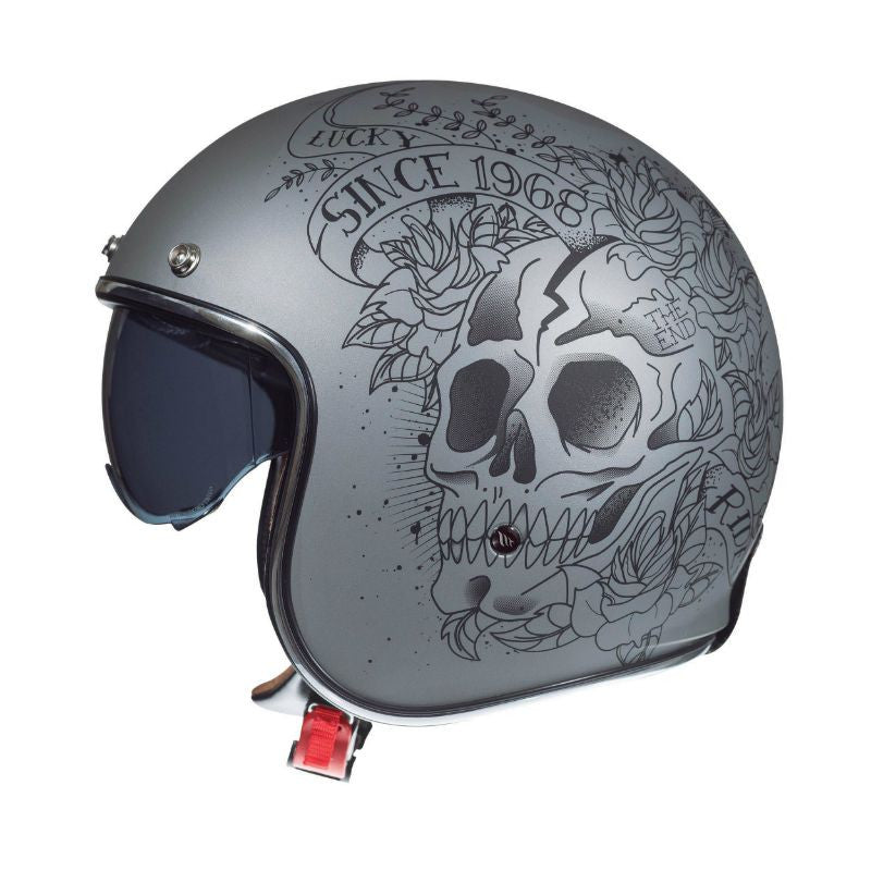 casque jet MT Helmets Le Mans gris mat avec motif tête de mort et roses, style biker vintage années 60