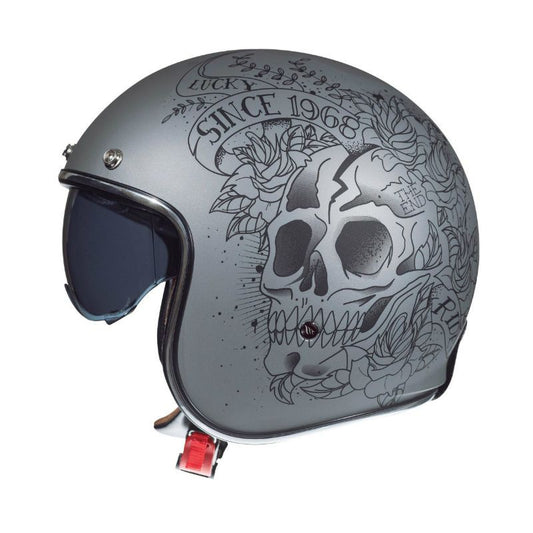 casque jet MT Helmets Le Mans gris mat avec motif tête de mort et roses, style biker vintage années 60