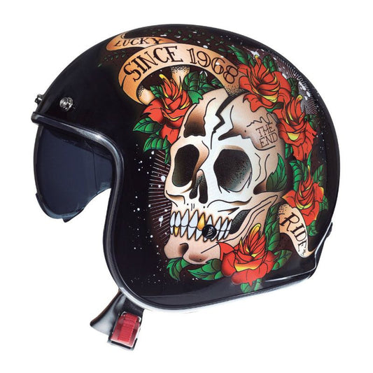 casque jet MT Helmets Le Mans noir brillant avec motif tête de mort, fleurs et lettrage vintage "since 1968"
