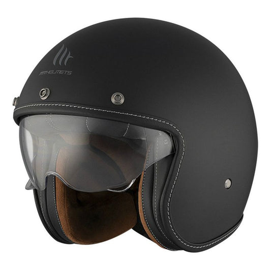 casque jet MT Helmets noir mat uni, avec visière bombée et couture blanche pour un style café racer vintage