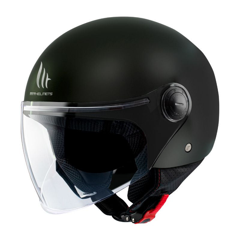 casque jet noir brillant MT Helmets avec visière large, parfait pour moto ou scooter en ville