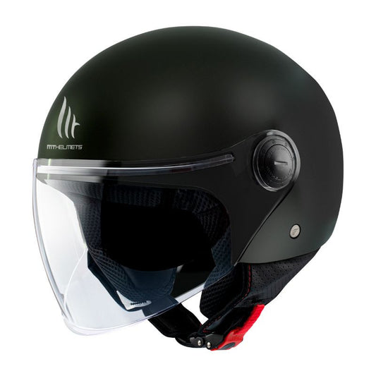 casque jet noir brillant MT Helmets avec visière large, parfait pour moto ou scooter en ville