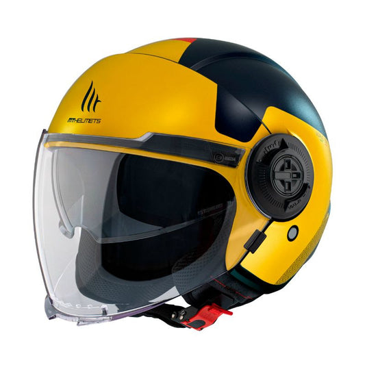 casque jet MT Helmets Viale jaune et bleu avec visière fumée, design sportif et moderne