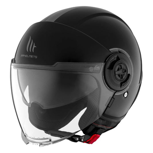 casque jet noir brillant MT Helmets Viale, visière longue et boucle micrométrique, parfait pour scooter ou moto