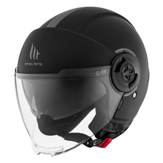 casque jet MT Viale noir mat avec visière fumée et molette de réglage, homologué pour la route