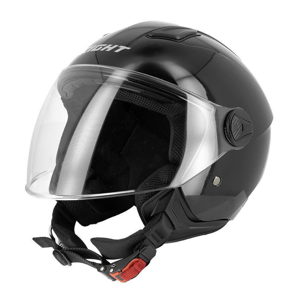 Casque jet noir brillant pour pilote urbain, avec intérieur matelassé et visière claire