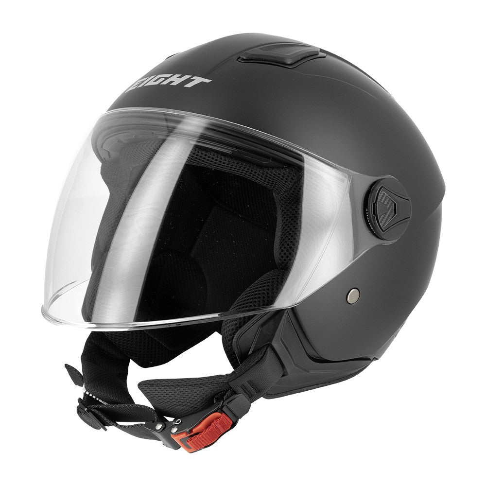 casque jet noir mat pour moto urbaine, visière claire et boucle micrométrique sécurisée