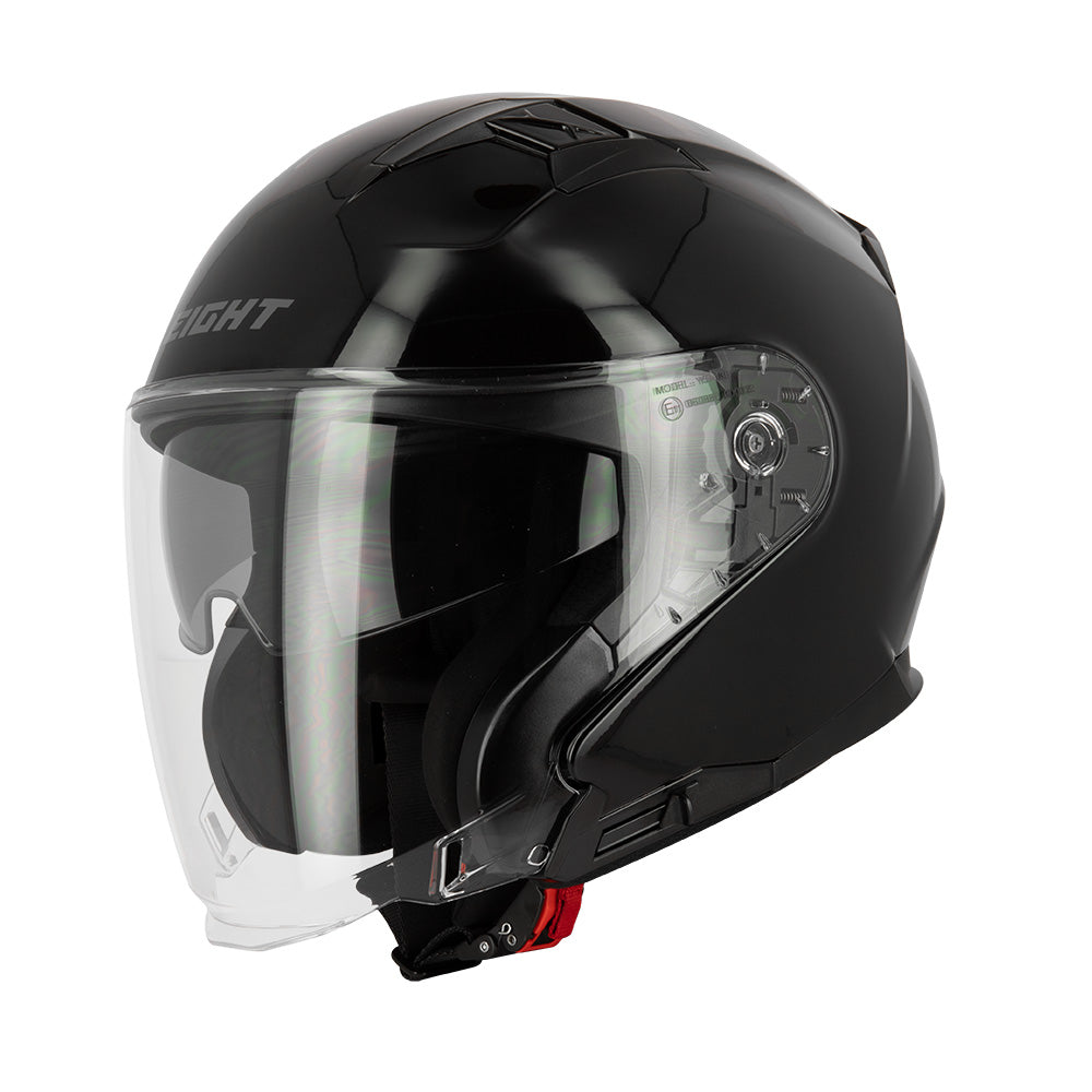 casque jet noir brillant avec visière protectrice et aération supérieure, pour motards exigeants
